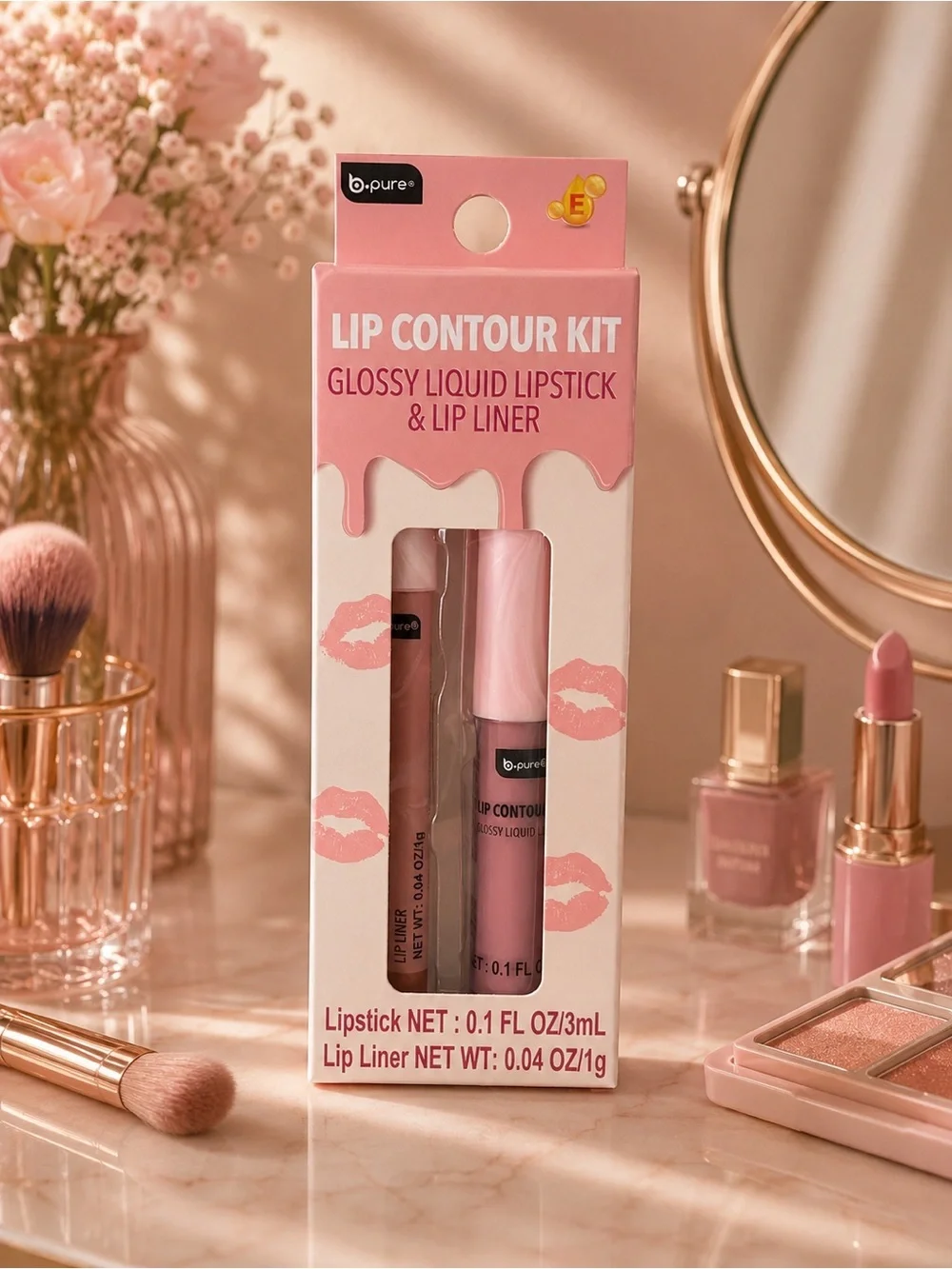 Pink Lip Contour Kit – Glossy Liquid Lipstick & Lip Liner